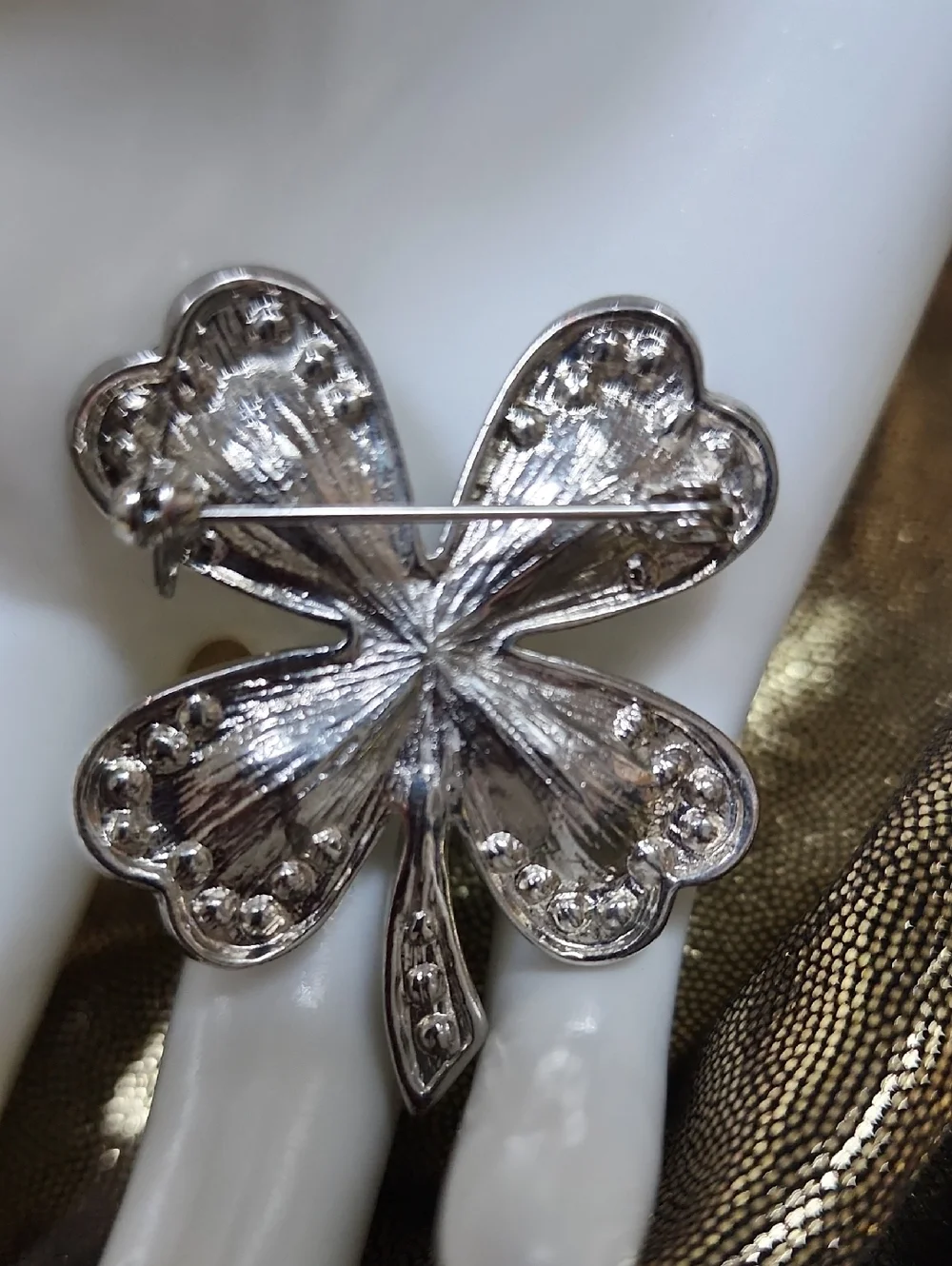 Faux Emerald Clover‎ Crystal Statement Brooch - Green & Silver